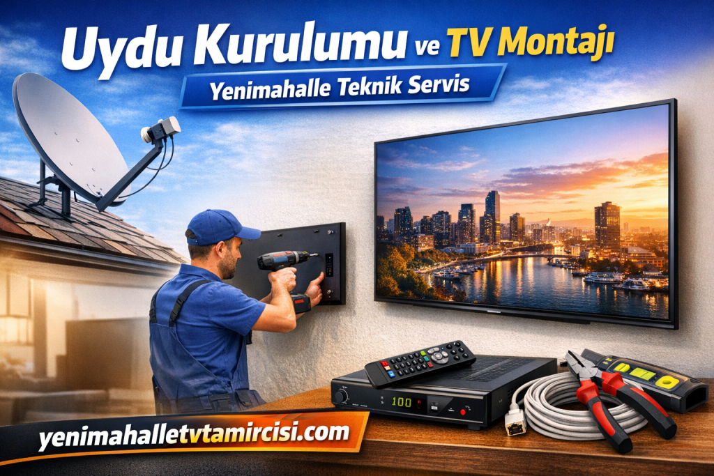 Technician mounting a wall bracket for a flat-screen TV beside a satellite dish and cables, in an advertisement for TV installation service (Turkish text visible).