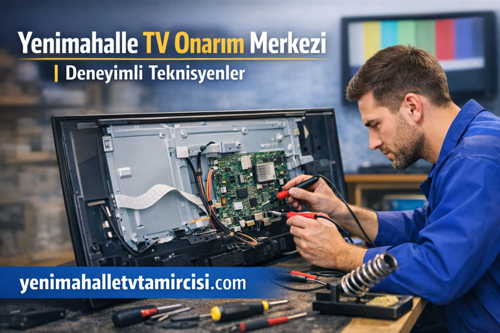 Technician in blue overalls repairs the back of a flat-screen TV, exposing its circuit board and tools on the bench behind him, in a workshop.