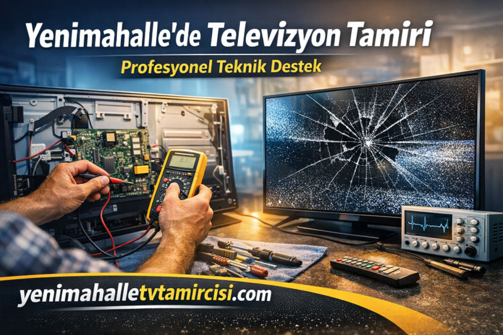 Yenimahalle'de televizyon tamiri yapan teknisyen devre kartı üzerinde ölçüm aletiyle çalışıyor; kırık ekranlı TV ve tamir malzemeleri görünüyor, banner metni arka planda.