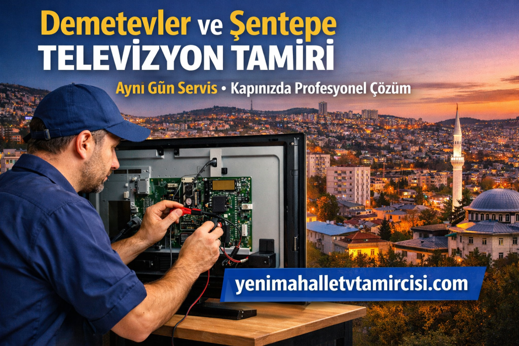 Televizyon tamiri yapan teknisyen, açık arka planda şehir manzarasıyla hizmet reklamını gösteriyor: yenimahaletvtamircisi.com yazısı öne çıkıyor.