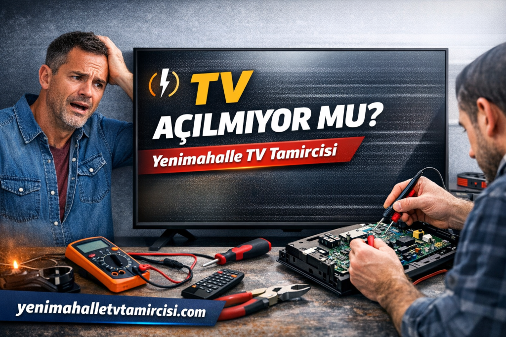 Frustrated man beside a TV screen while a technician repairs a circuit board on a workshop table; Turkish repair ad text visible on the screen.