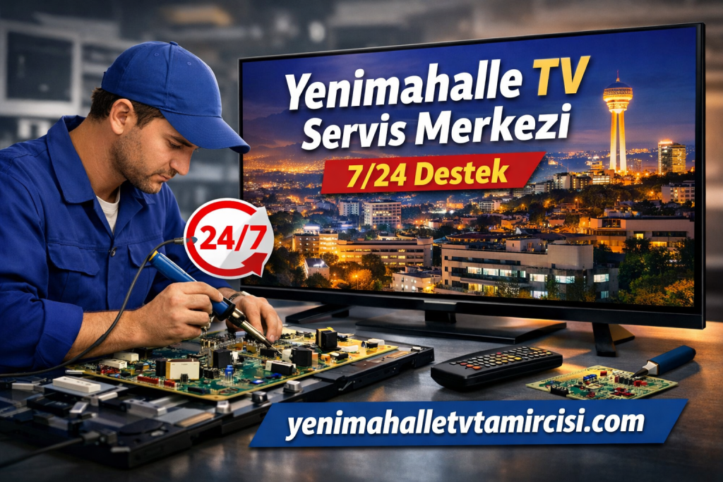 Technician in blue overalls soldering a circuit board beside a TV repair service ad that reads Yenimahalle TV Servis Merkezi and 24/7 Destek (24/7 support).