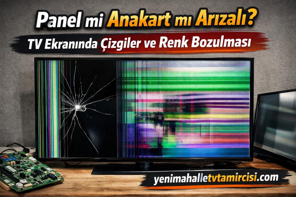 'Panel mi Anakart mı Arızalı? — TV ekranında çizgiler ve renk bozulması, kırık ekranlı görüntü.'