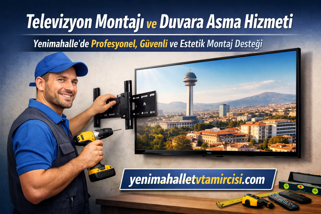 Technician mounting a flat-screen TV on a wall with a drill, city scenery on the screen, and tools on the table behind him (TV mounting service ad).