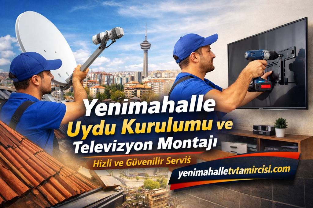 Two technicians install a satellite dish on a rooftop with a city skyline in the background in blue uniforms.