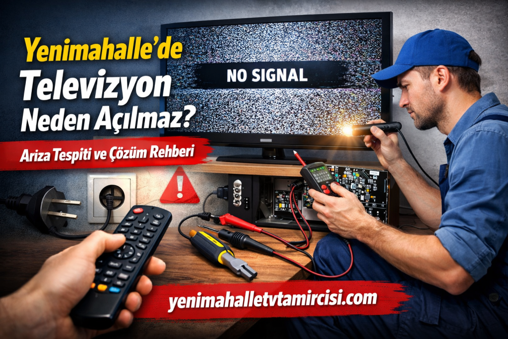 Technician checks a TV displaying 'NO SIGNAL' while a remote and repair tools are in the foreground; Turkish repair guide banner overlay.