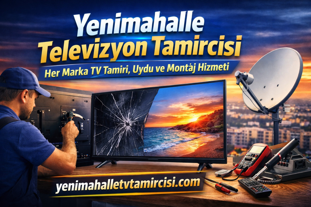 TV repair technician fixes a cracked screen on a flat-screen TV with tools on a workbench; satellite dish and sunset city backdrop, ad text and website visible.