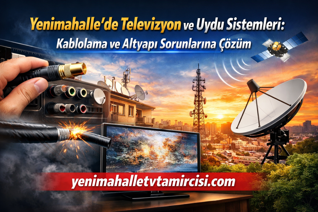 Yenimahalle'de televizyon ve uydu sistemleri hizmeti reklamı; uydu çanak, kablo bağlantıları ve televizyon ekranı.