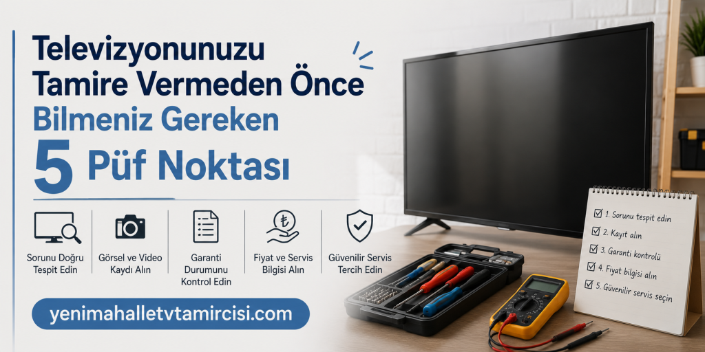 Televizyon bakımı için 5 püf noktası başlıklı reklam görseli; masa üzerinde aletler ve kontrol listesi.